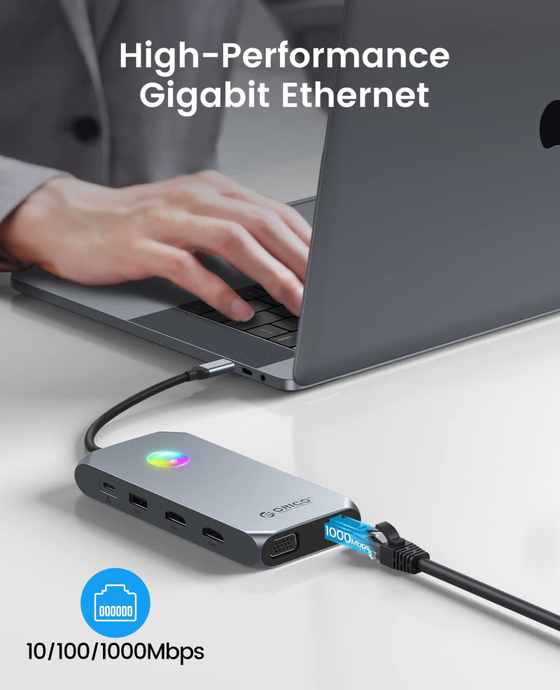 Docking Station USB C to Dual HDMI Adapter, ORICO 12 in 1 RGB USB C Hub with Dual HDMI, VGA, 100W PD, Ethernet, 4 USB Ports, SD/TF, Audio, 14 RGB Lighting Modes, Compatible for Windows/Mac OS（Grey） X1 Grey