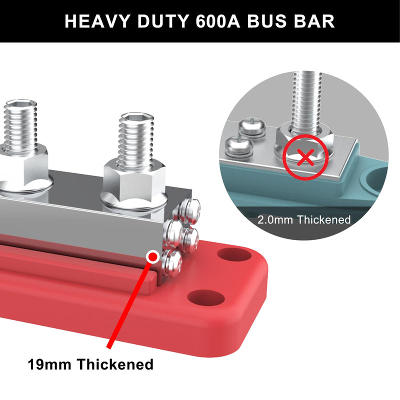 600A Bus Bar 12V Power Distribution Block with 3/8" (M10) 4-Posts Heavy Duty Terminals Block with Cover for Automotive, Marine, Battery System (Red) 3/8" - Red