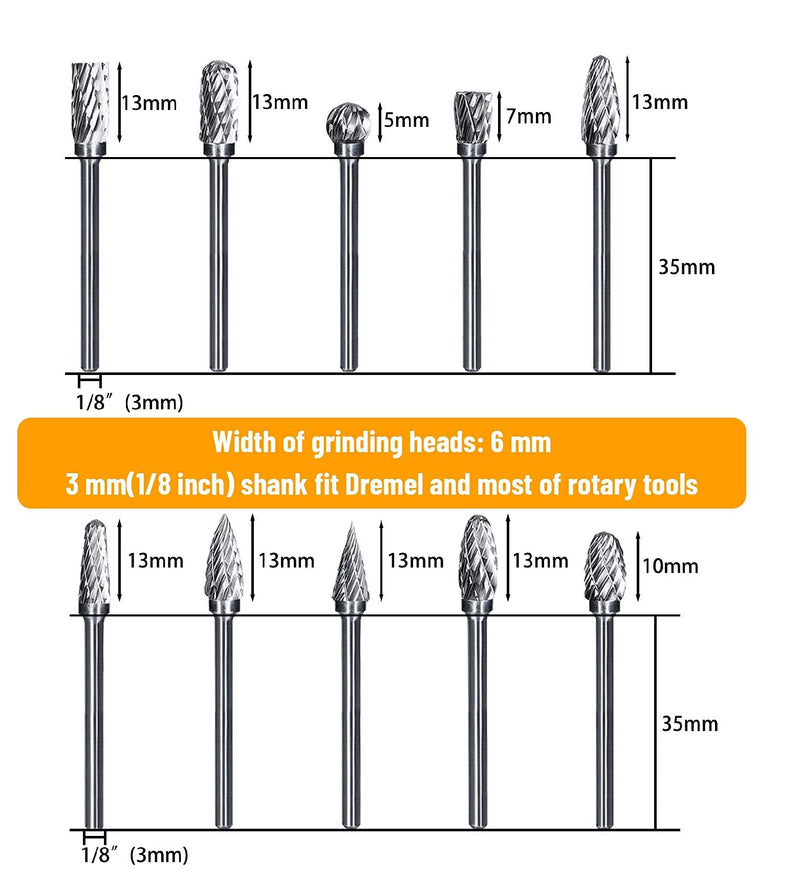 Double Cut Carbide Burrs, 10pcs Tungsten Carbide Rotary Burr Set with 3mm Shank 6mm Grinding Head for Wood & Stone Carving, Steel Metalworking