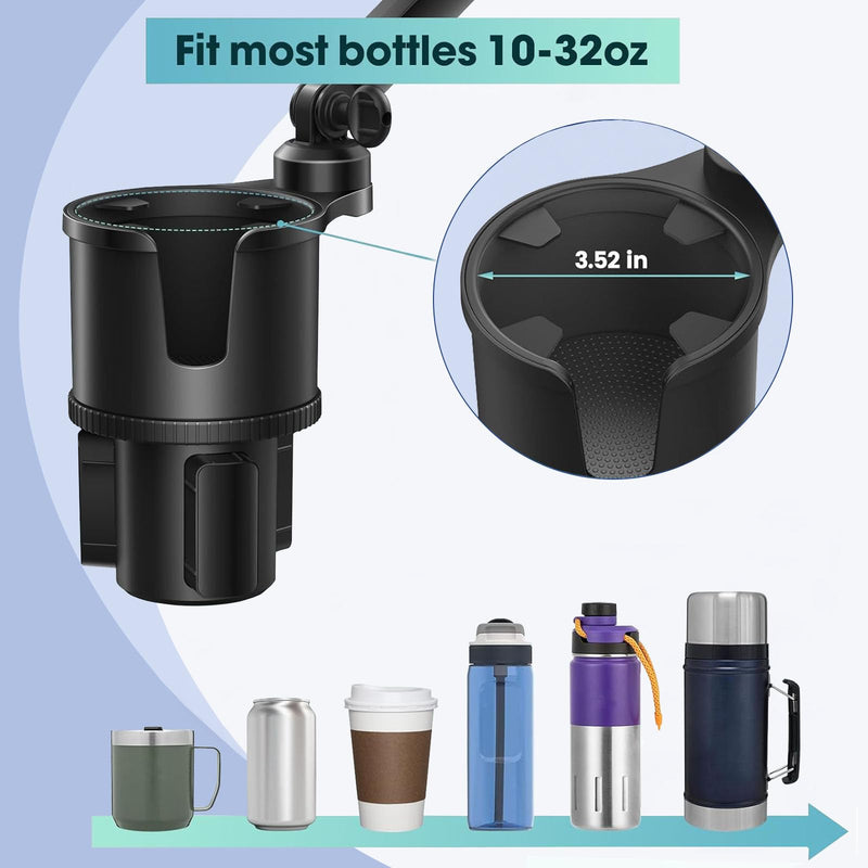 Car Cup-Holder Phone-Mount with Long Arm - 2 in 1 Adjustable Cup Holder Expander with Rubber and Expandable Base for 8-32oz Bottle, Cell Phone Stand Holder Friendly Fit iPhone & All Mobile Smartphones Large