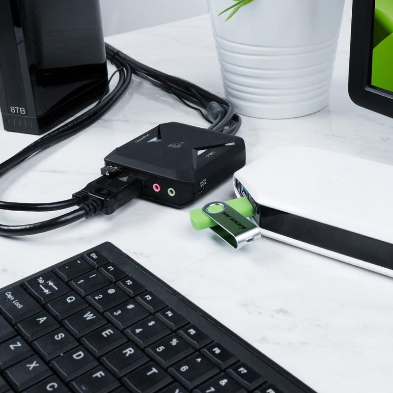 IOGEAR 2-Port 4K Hybrid KVM – Share 2 Computers with 1 Keyboard, Mouse, and Monitor, DisplayPort & USB-C with Audio, Built-in Cables, Remote Selector (GCS82DPC)
