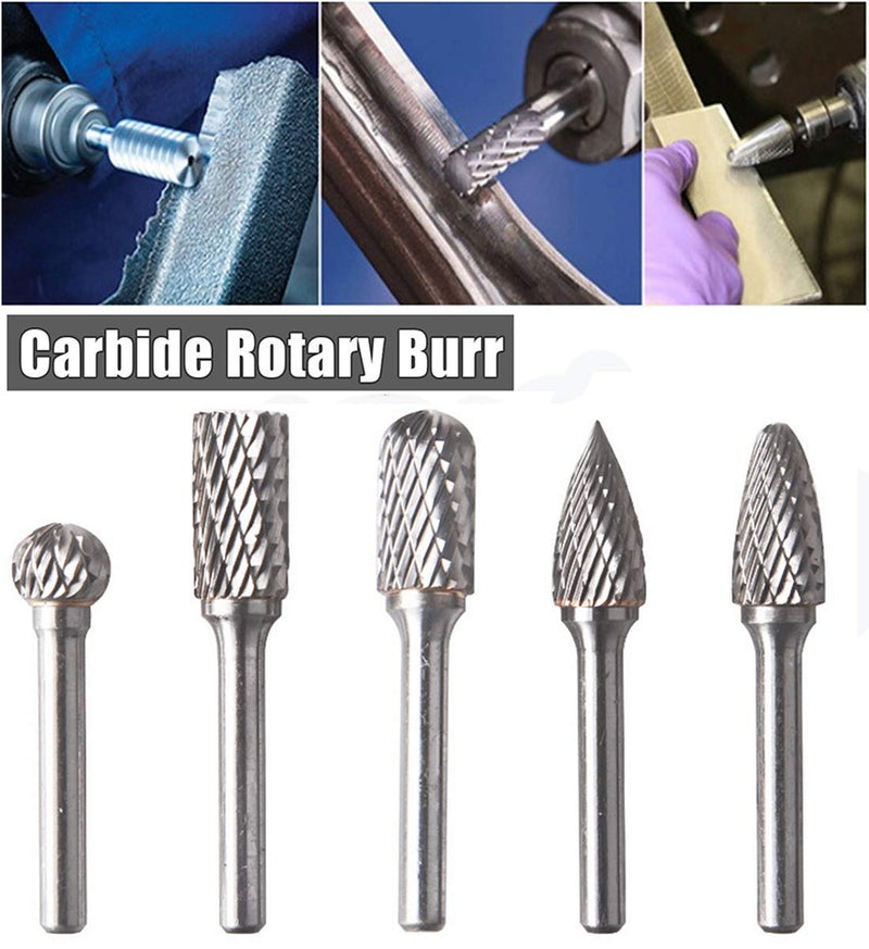 5 Piece Carbide Burr Set, 6 mm Shank, 10 mm Burr, Rasp Set for Drill Polishing, Engraving, Drilling Tools et