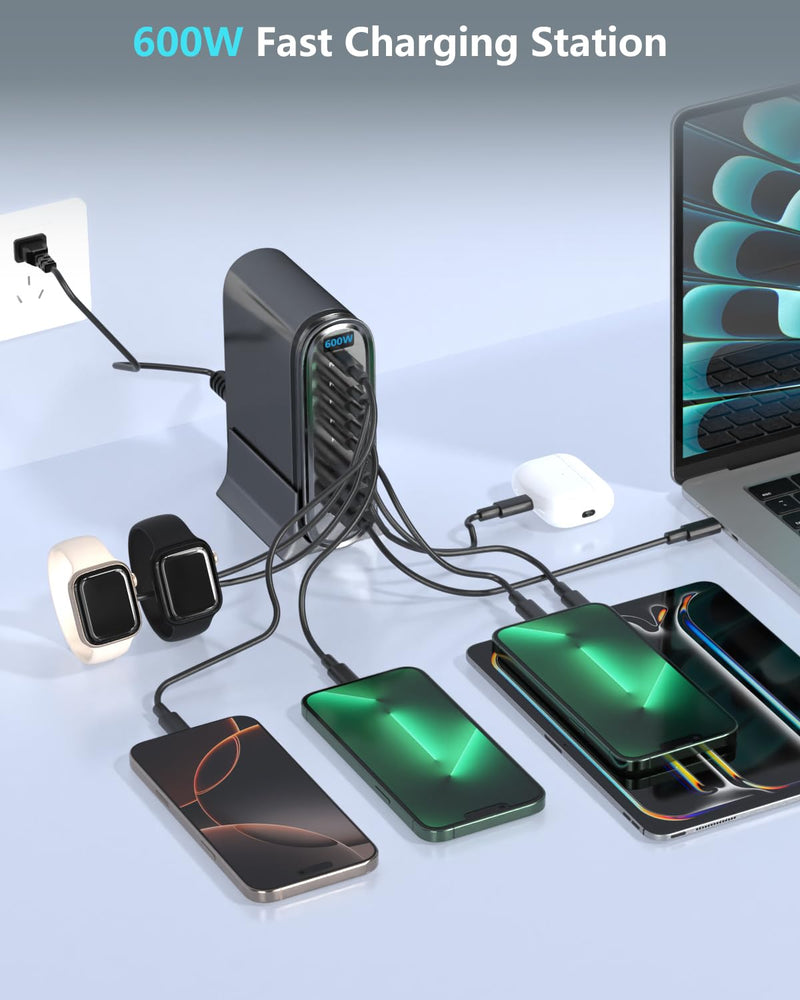 USB-C GaN Charger 8 in 1 Charging Station Dual 140W PD PPS Port+Dual 100W PD Port for Multiple Electronics Devices,Laptop Wall Charger Compatible with MacBook/iPhone 16/iPad (600W-B) 600W-B