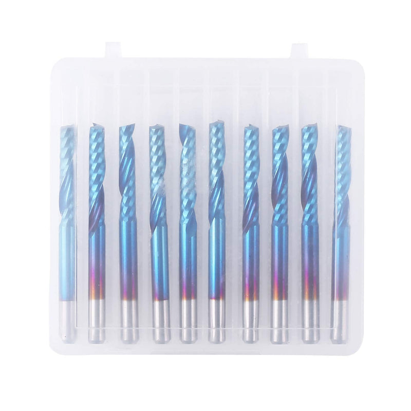 SainSmart Genmitsu 10Pcs Nano Blue Coat Flat Nose End Mill CNC Router Bits, 1/8" Shank Spiral Upcut Single 1 Flute End Mill Set (3.175 x 17 x 38mm) 3.175mm Set (1-Flute Flat Nose)