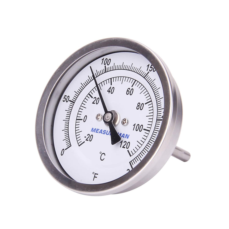 MEASUREMAN Fully Stainless Steel Pot, Kettle, Brewing Bimetal Thermometer, 3" Dial, 2-1/2" Stem, 0-250 deg F/-20-120 deg C, -1% Accuracy, Adjustable, 1/2" NPT Back Mount （2 Pack） 2-1/2" Stem 2pc