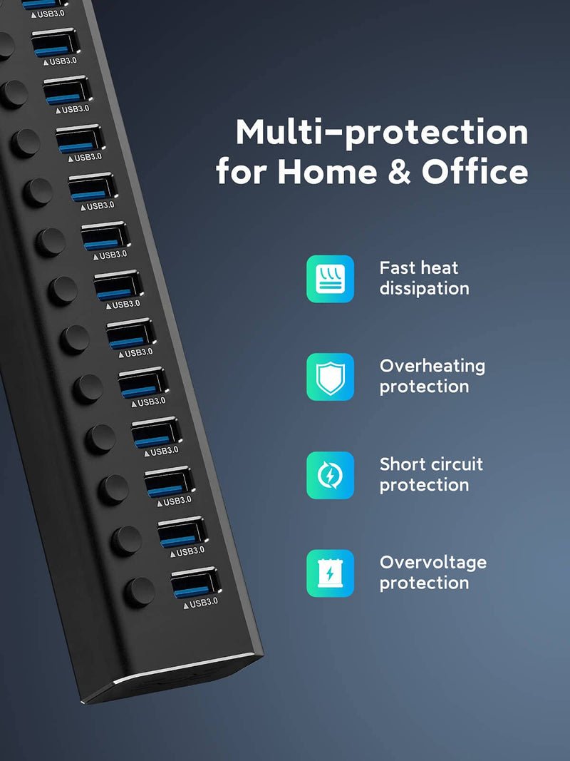 Powered USB Hub Rosonway 16 Ports 96W USB 3.0 Data Hub Aluminum USB Hub 3.0 Splitter with 12V/8A Power Adapter and Individual On/Off Switches RSH-A16 (Black) 16 Ports USB 3.0 hub Black
