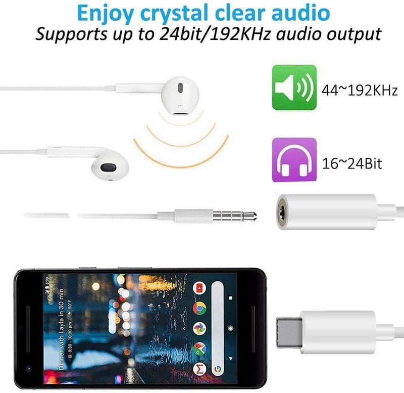2 Pack USB C to 3.5mm Headphone Jack Adapter Type C Port Audio Aux Cable Dongle Compatible with iPhone 15/15 Plus/15 Pro/15 Pro Max/iPad/Pixel, Samsung Galaxy S23 S22 S21 S20 Ultra Z Flip/Note White