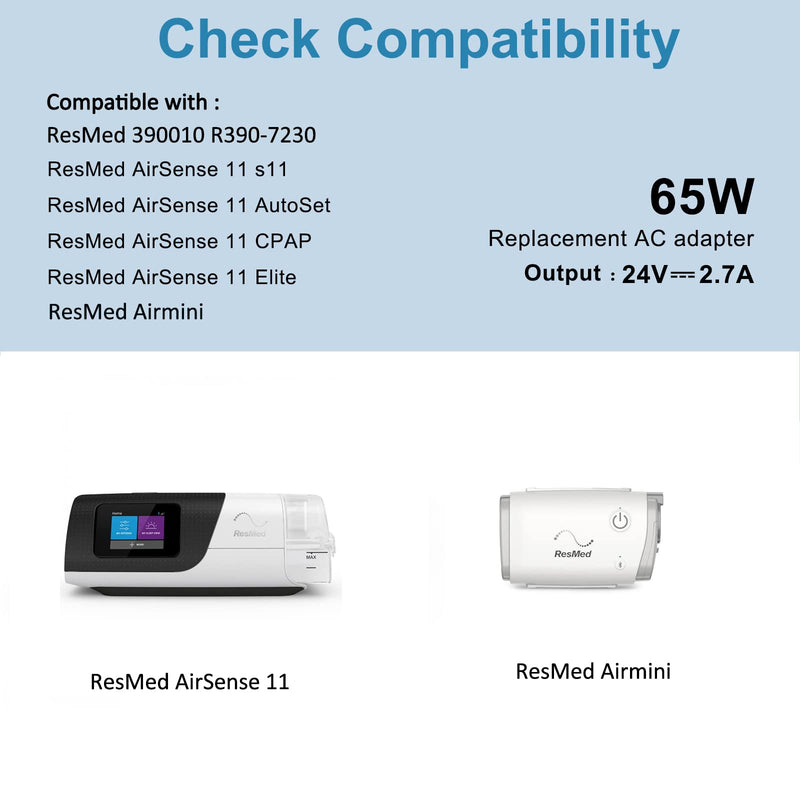 65W 24V power supply charger for ResMed AirSense 11 ResMed AirMini Air11 65W 39205 E1399 ResMed 390010 R390-7230 Resmed CPAP ResMed Travel Adapter DC 11-25V