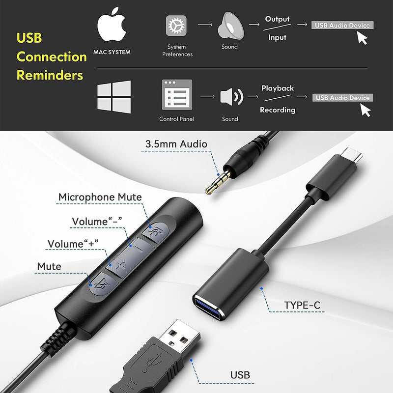 Headset wtih Mic, USB Headset with Microphone for PC, Computer Headset with Noise Canceling Microphone for Laptop, Wired Headset with Mute for Home Office Online Skype Zoom Meetings 600USB+3.5