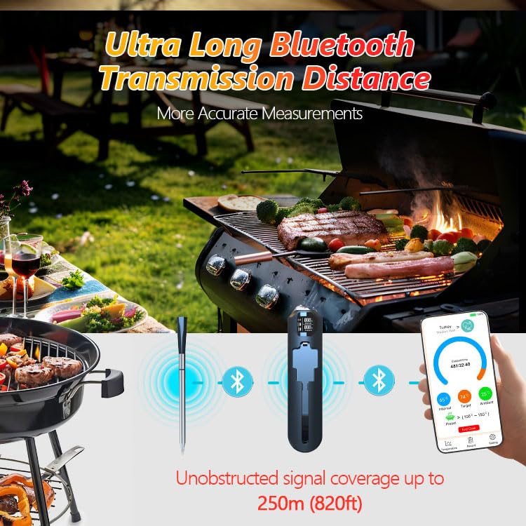 Smart Meat Thermometer-Smart Meat Thermometer Wireless - App Monitoring, Ambient Temperature Sensor, Alarm Reminders, 820-Foot Range, Suitable for Smokers, Barbecues, Turkeys, Beef, and Cooking