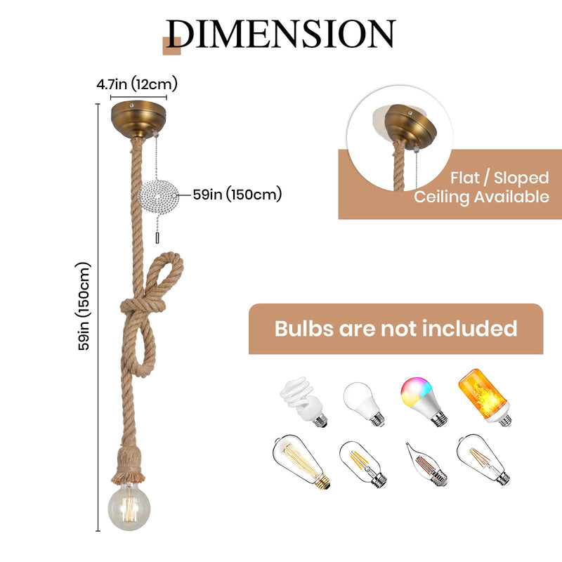 KEESFU Hemp Rope Pendant Light Rope Chandelier,Rustic Ceiling Light with Pull Chain,Vintage Boho Pendant Hanging Light Height Adjustable for Kitchen Island Hallway Bedroom Dinning Table 1-light