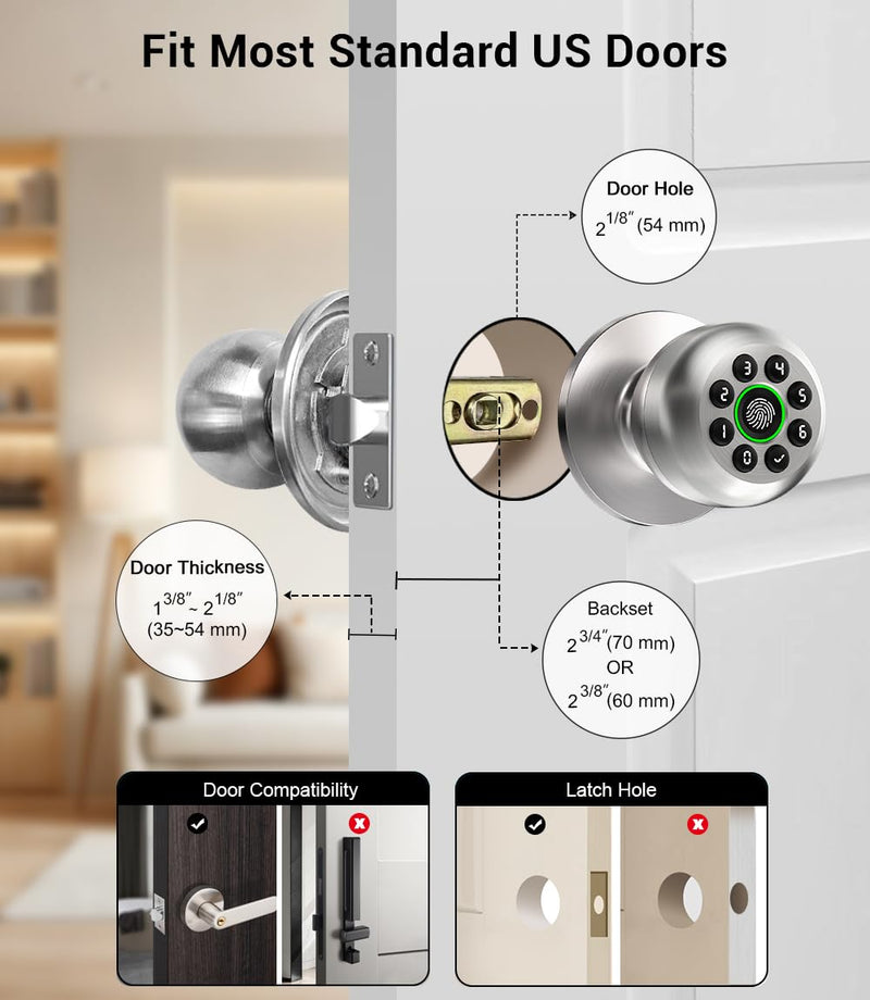 KLLOQUE Smart Fingerprint Door Lock with App Control & Key, Keyless Entry Door Knob, Electronic Keypad Door Knob,Door Locks for Bedroom,Garage,Home,Front Door, Office,Apartment-Bright Silver Bright Silver