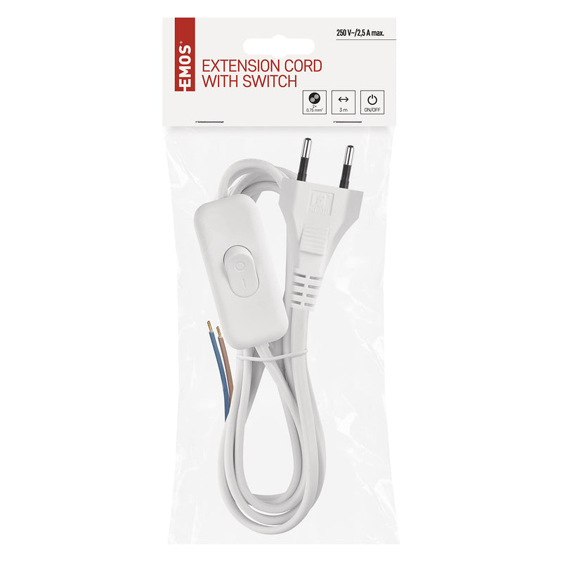 EMOS power cable/power cable/replacement cable/connection cable with switch, 3 m, Euro plug, for lights, lamps, single bulbs