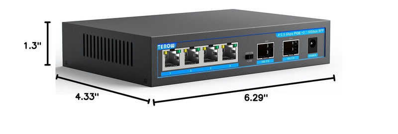 4-Port 2.5Gb PoE Switch add 2-Port 10Gb SFP+, TEROW 6 Ports 2.5G POE+ Switches Base-T & 2*10G Ethernet, New version-IEEE802.3af/at, up to 30W, Desktop/Wall Mount, Ideal for AP, Home,Gaming,Office 6-Port |4 x 2.5G Poe+2 x 10G SFP