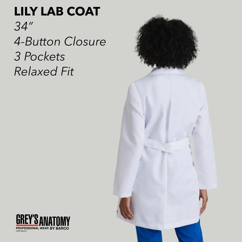 BARCO Grey's Anatomy Scrubs Lily Professional Full-Length 3-Button Long Sleeve 34" Medical Lab Coat for Women Medium White