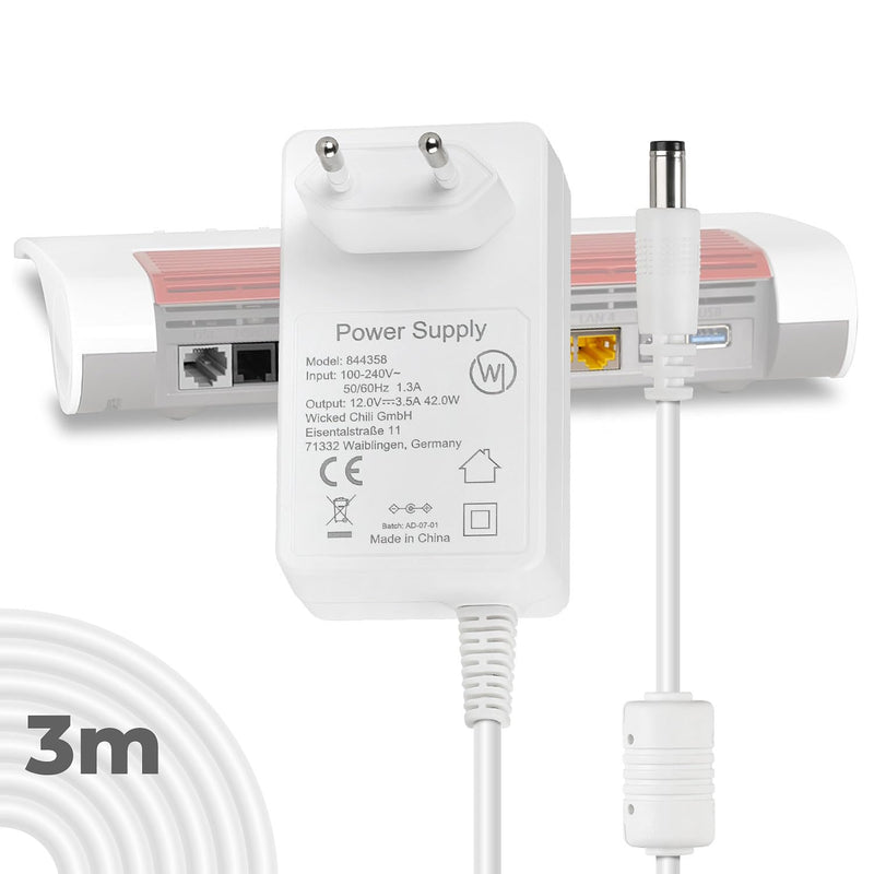 Wicked Chili 12 V / 3500 mA / 300 cm Power Supply Suitable for AVM Fritz!Box 5690 | Pro, 7690, 5590 Fiber, 7530 AX, 7590 AX, 7590, Repeater 6000 3000AX, Router Charging Cable (Cable Extra Long, 3.0 m, White)