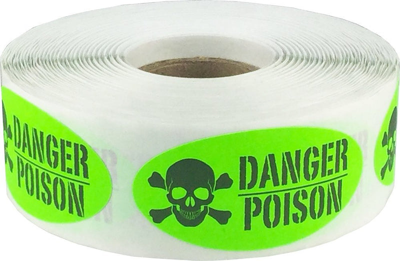Fluorescent Green Danger Poison Stickers, 2 x 1 Inch Oval Medical Healthcare Labels, 500 Total Adhesive Stickers on a Roll for Hazard Warning, Safety Identification, and Compliance – Made in the USA