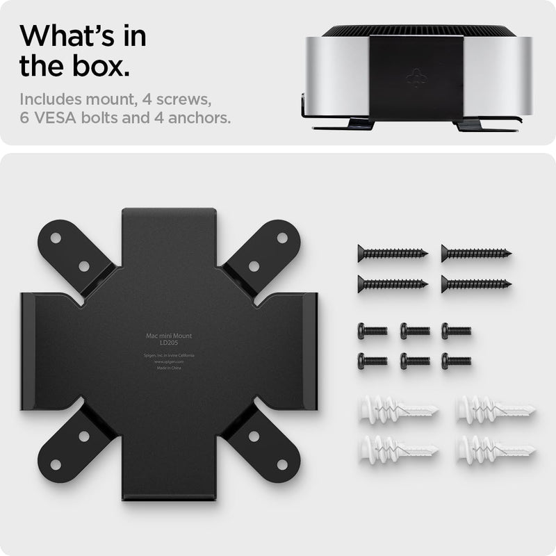 Spigen Mount Designed for Mac mini M4/M4 Pro (2024) VESA Anti-Scratch Behind Monitor, Under The Desk, Wall Stand VESA Hole Strong Adhesive LD205 - Black AMP09226