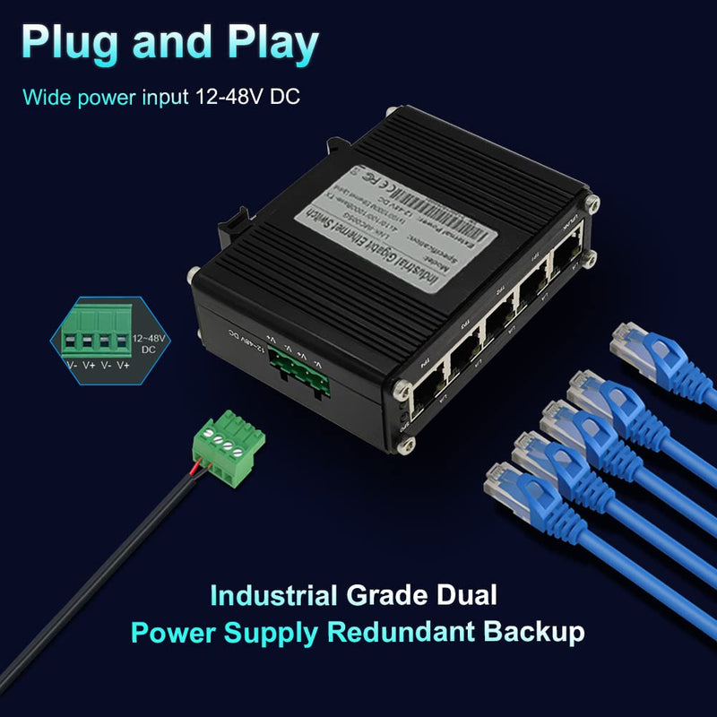 Mini Industrial 5 Ports Gigabit Switch Hardened 5 Port RJ45 10/100/1000Mbps Ethernet Switch Din Rail Mount Ethernet Switch Wall Mounts Included (-40 to 167 ºF) 10Gbps Switching Capacity 5 Ports Switch
