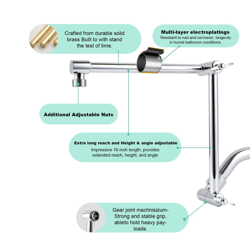 Shower Head Extension Arm, 16 Inch Solid Brass Adjustable Extender with Lock Joint, Height & Angle Adjustable Shower Arm for Rainfall or Fixed Shower Head, G1/2 Connector (Chrome) Chrome