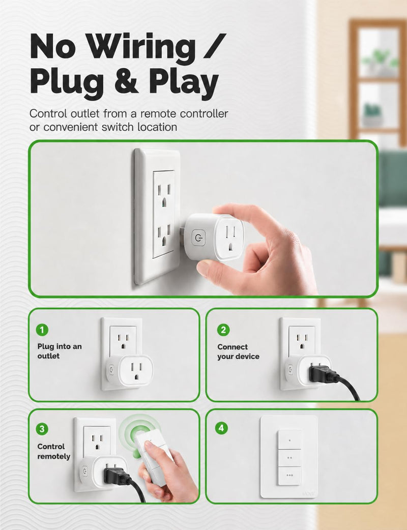 MOES Remote Control Outlet Switch, Wireless Remote Switch, No Wiring Needed, 300 ft Open Range, 15A 1600W Programmable On Off Outlet for Lights Lamps Fans Appliances, 2 Outlet & 2-Channel Switch 2-Channel Switch & 2 Outlet