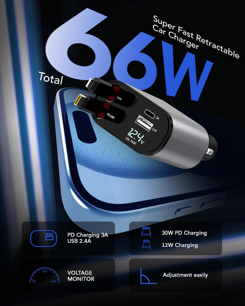 Retractable Car Charger, 4 in 1 Fast Car Phone Charger 66W, 2 Retractable Cables and USB Car Charger,Compatible with iPhone 15/14/13/12/11,Galaxy,Pixel