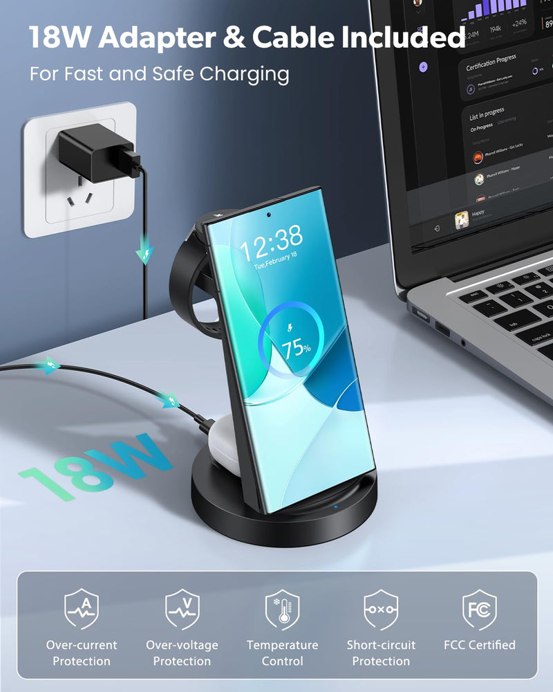 Wireless Charger for Samsung: 3 in 1 Wireless Charging Station for Samsung Galaxy Watch 6 5 4 3 Pro Classic Galaxy Buds - Charger Dock Stand for S24 Ultra S23 S22 S21 S20 Note 20 10 Z Fold Android Black