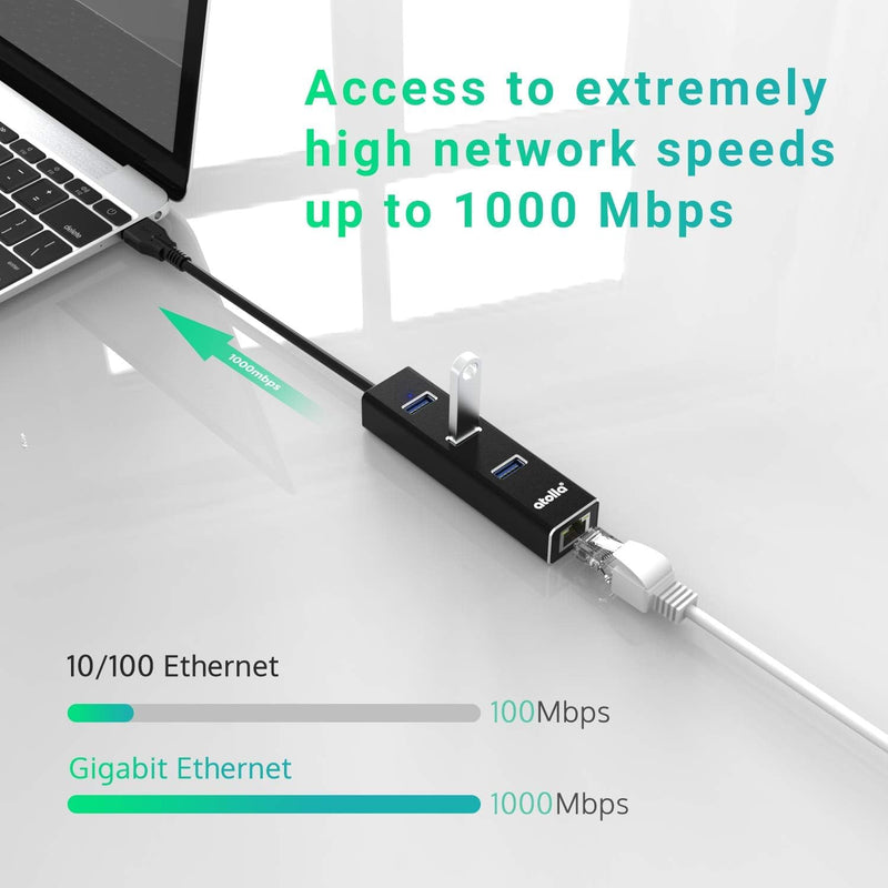 USB 3.0 Hub with Gigabit Ethernet — 3-Port SuperSpeed USB-A Hub + USB-C Adapter, 5Gbps Data Transfer, Plug-&-Play, Aluminum Design — Compatible with MacBook Pro/Air, Dell XPS, Surface, Chromebook