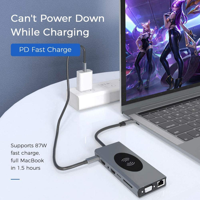 USB C Hub Laptop Docking Station + Wireless Charger 14-in-1, Card Reader, HDMI