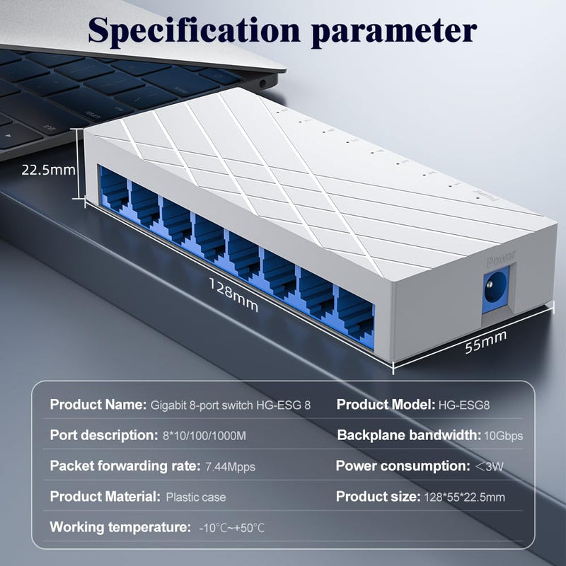 8 Port Gigabit Ethernet Switch Unmanaged, Plug and Play Desktop Network Switch for Home Office/Small Office (Computer Networking, Internet Switch, Universal Router Compatibility)