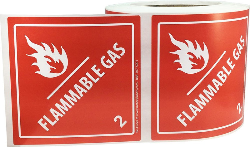 Hazard Class 2 D.O.T. Flammable Gas Labels, 4 x 4 Inch Square Red and White Hazmat Stickers, 500 Total Adhesive Labels on a Roll for Shipping and Compliance – Made in the USA