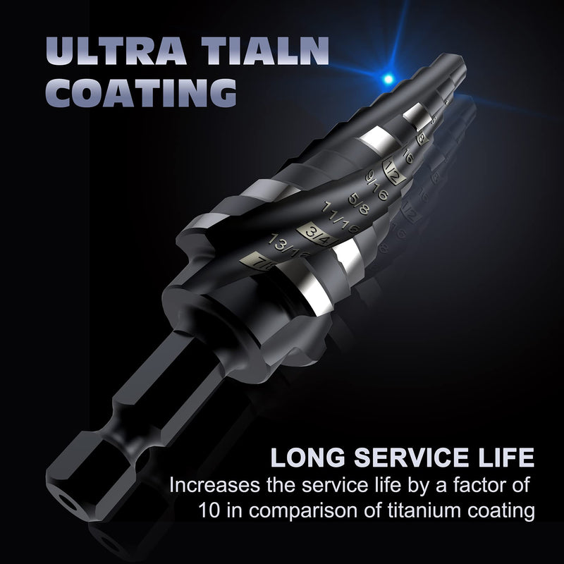 M35 Cobalt Step Drill Bit Set, Four Spiral Flute Cobalt Step Drill Bit, 3/16”-7/8" Impact Unibit Bit,for for Stainless Steel, Wood,Stainless Steel, Wood 3/16”-7/8"
