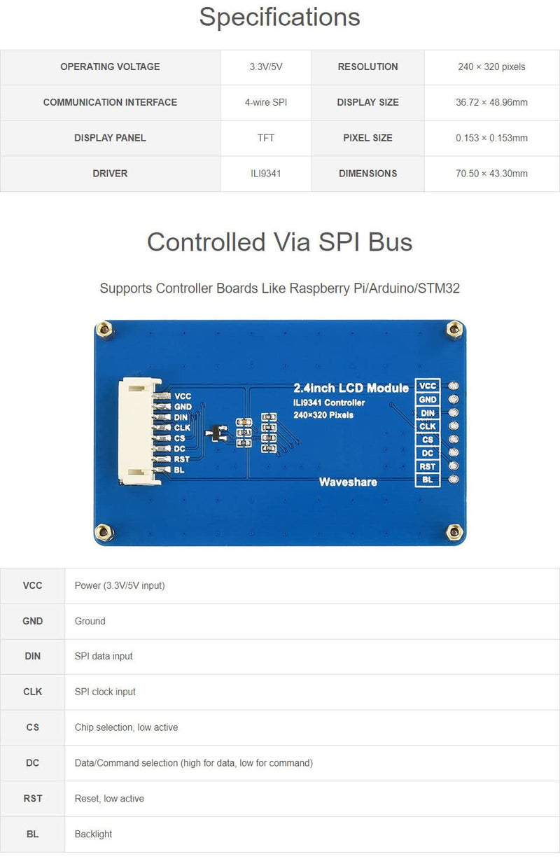Waveshare 2.4 inch LCD TFT Display Module Support 65K RGB Colors, 240 x 320 Resolution, with SPI Interface, Embedded ILI9341 Driver, Using SPI Bus