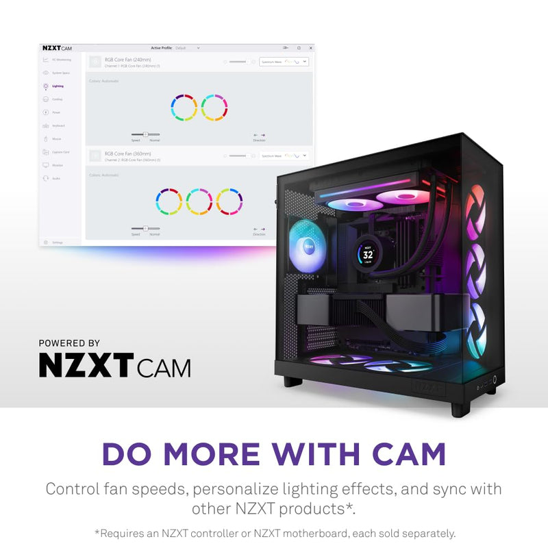 NZXT F240 RGB Core - 240mm Single-Frame Fan Unit with 2 x 120mm RGB Fans - Speed & Lighting Control - High Static Pressure & Airflow - Fluid Dynamic Bearings - 8 aRGB LEDs Per Fan - Black 2x 120mm RGB Single Frame