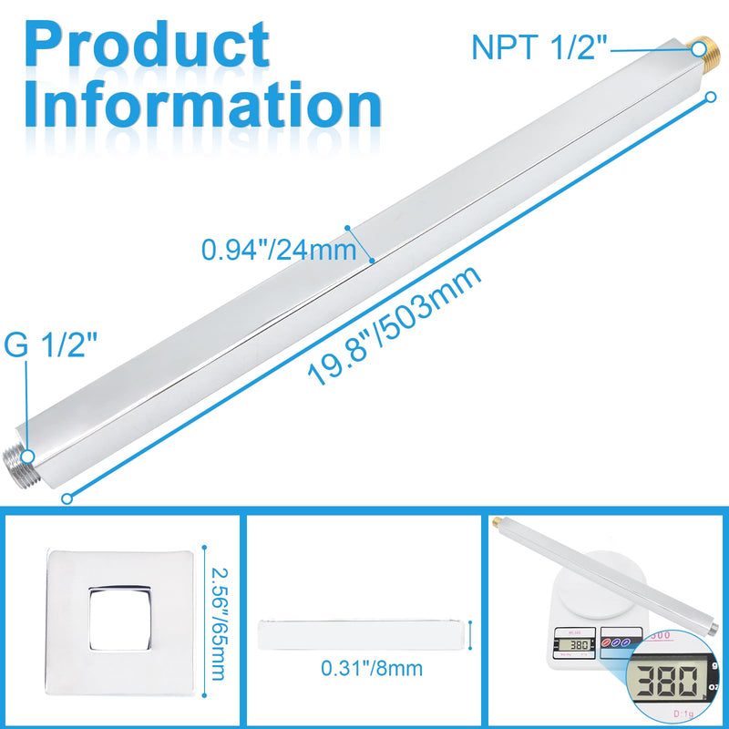 Ceiling Mount Shower Arm with Flange 20 Inches Square Straight Extender Extension Pipe Replacement, Long Shower Arm For Fixed Rain Shower Head or High Ceiling, Chrome 20inch