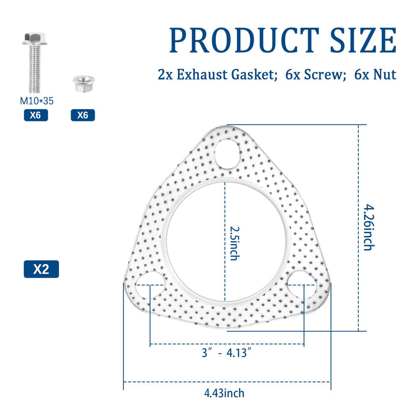 2PCS Exhaust Flange Gasket with 6PCS Exhaust Bolts and 6PCS Nut Kit,Graphite Composite Exhaust Gasket for Exhaust Flange Repair,Universal Car Accessories for Car SUV Truck (2.5 inch) 2.5 inch