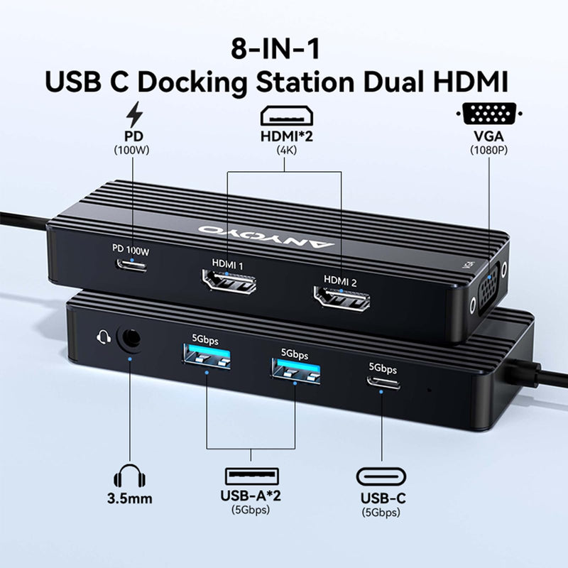 ANYOYO USB C Docking Station Dual HDMI Monitor Adapter 8-in-1 USB C HUB 3 Monitors Adapter with 4K HDMI +VGA +PD100W+Audio Laptop Docking Station for Dell/Lenovo/HP/Samsung/ASUS (Black) Black