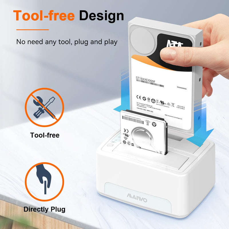 MAIWO Dual Bay Hard Drive Docking Station with Offline Clone, SATA Cloner Dock for 2.5 and 3.5 inch HDDs and SSDs, 40TB Expansion,UASP Supported,White