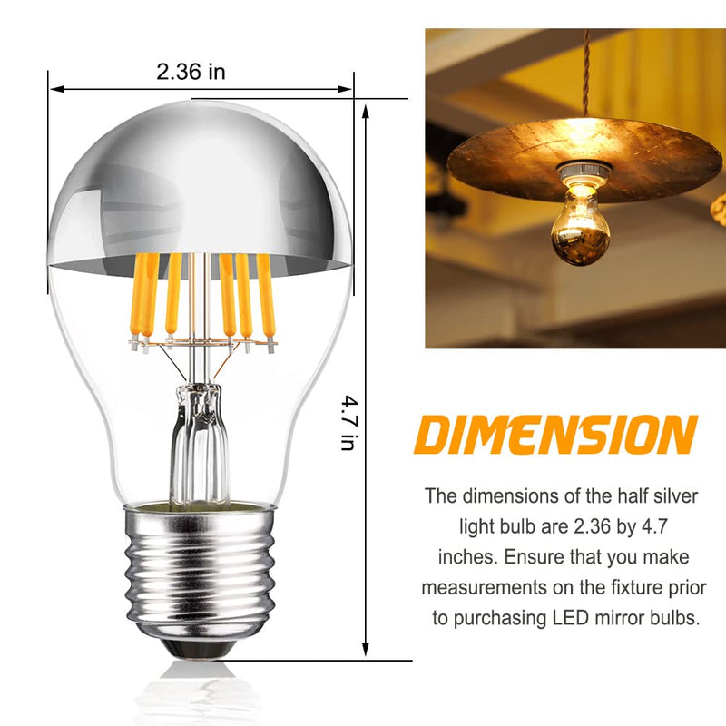 Half Chrome Light Bulb 6W (60 Watt Equivalent), Dimmable A19 A Shape 2700K Warm White Decorative LED Edison Bulb, Silver Tipped Light Bulbs E26 Base Pack of 4