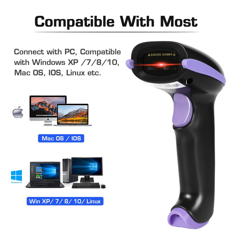 WoneNice 2.4G Wireless Barcode Scanner – 1D Handheld Cordless Barcode Reader for Retail, Warehouse, Inventory – 100ft Range, Plug & Play – Compatible with Windows, Linux, POS(Purple) Purple