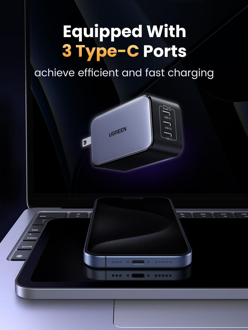 UGREEN 65W USB-C Charger Block, Nexode 3-Port Type-C GaN Charger USB C Power Adapter Fast Charging Compatible with iPhone 16/15, Galaxy S24/S23, MacBook Pro/Air, iPad Pro/Air, Pixel 9/8, Steam Deck