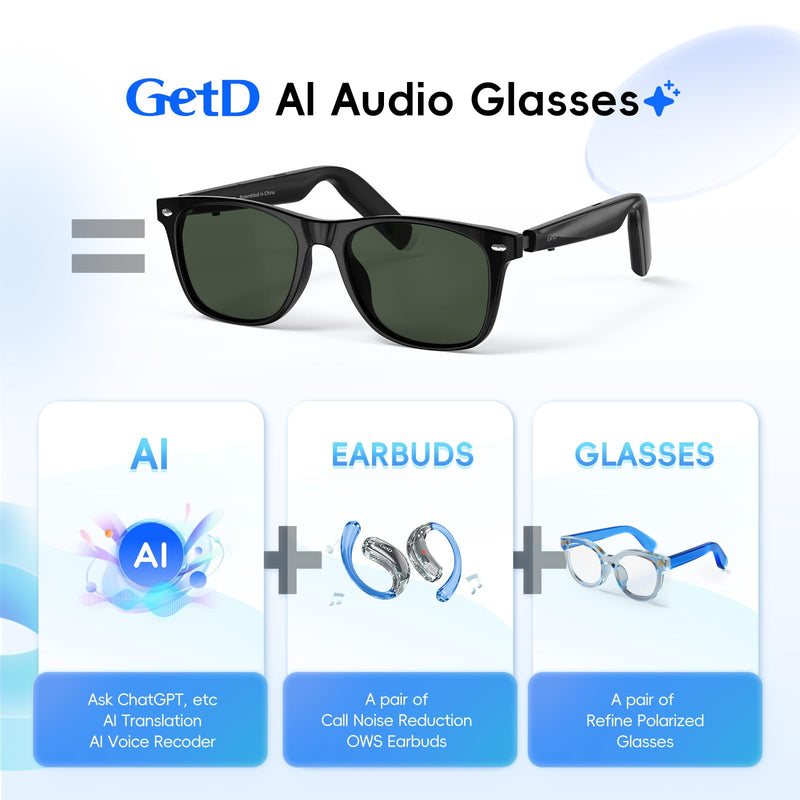 AI Glasses for Men & Women, Smart Glasses Powered by ChatGPT, AI Real-time Translation with 147 languages, 11H Music Play, Bluetooth Sunglasses with Polarized Lens, UV Protection for Daily Use, Travel Black Frame + Green Polarized Lenses