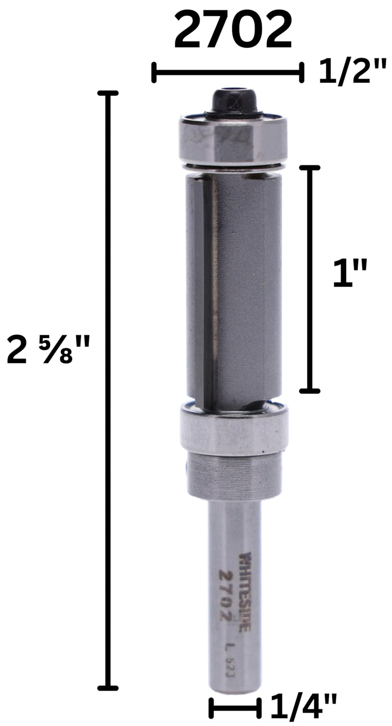 Whiteside 2702 Combination Flush Trim Router Bit: 1/2 Inch Cutting Diameter, 1 Inch Cutting Length, 1/4 Inch Shank, 2-5/8 Inch Overall Length, B3 & B9 Bearings