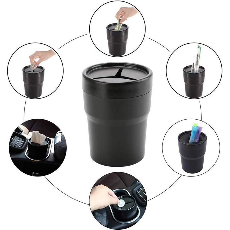 FIOTOK Car Trash Can with Lid, Mini Auto Garbage Can Leakproof Vehicle Trash Bin Fits Cup Holder in Console or Door for Automotive Car, Home, Office, Kitchen, Dinning Room 2 Packs Black-2Pack