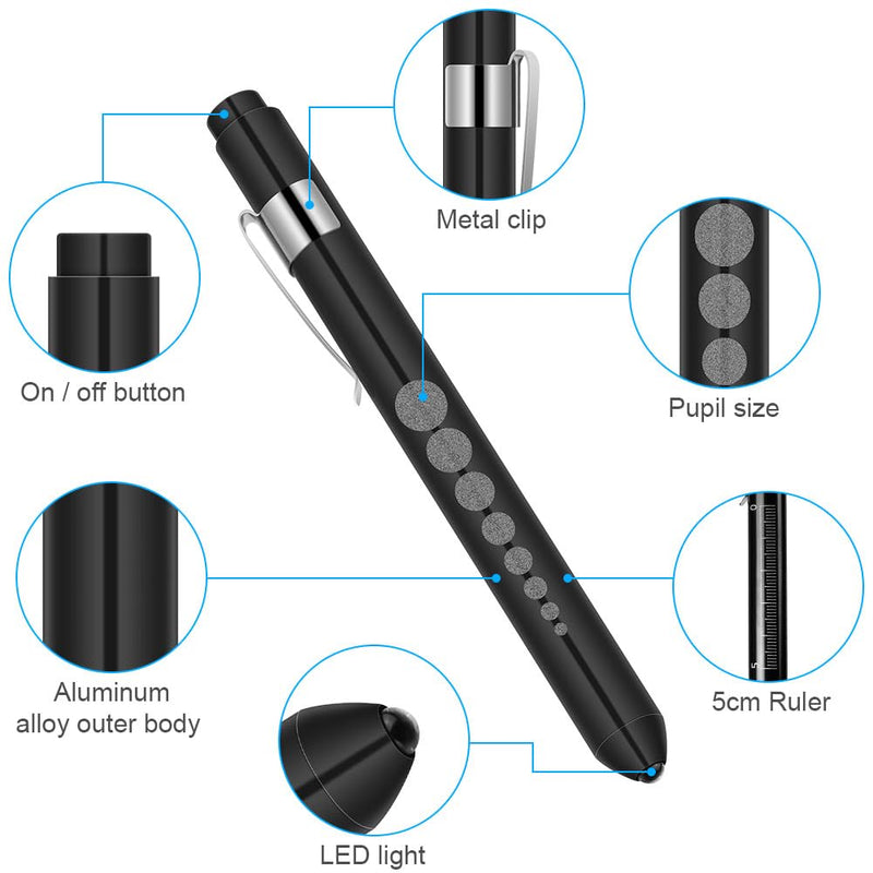 Pupil light flintronic diagnostic light pupil light medical penlight, reusable diagnostic LED penlight, flashlight light pen with pocket clip for doctors 2 pieces #2 black/silver 2 pieces