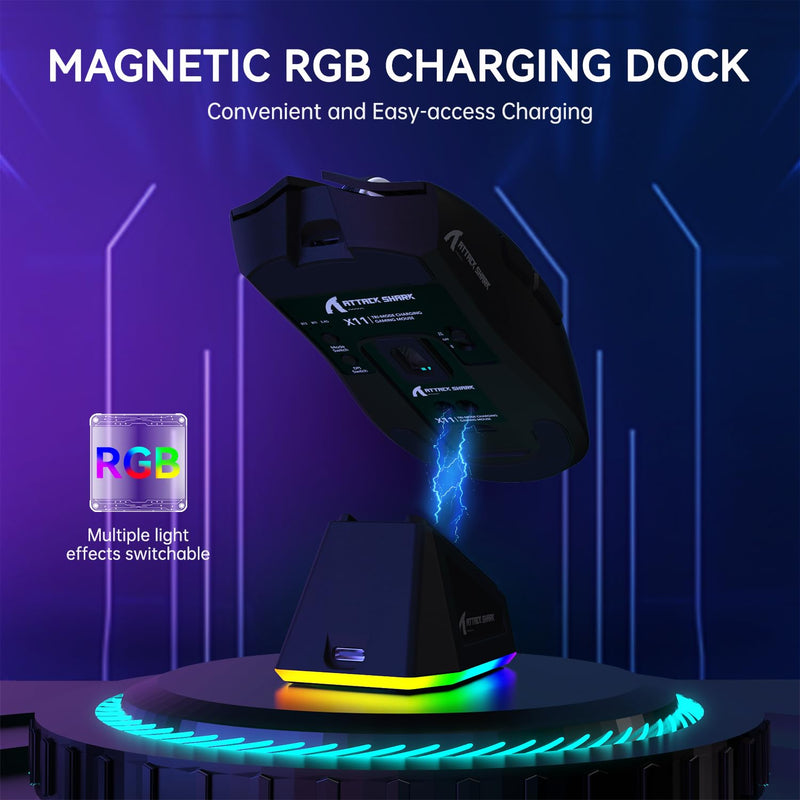 ATTACK SHARK X11 Lightweight Wireless Gaming Mouse with RGB Charging Dock,Tri-Mode-2.4G/USB-C Wired/BT,Up to 22K DPI,PAW3311 Optical Sensor,HUYU Switch, 5 programmable Buttons for PC/Mac(Black) Black
