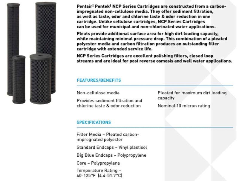Pentair Pentek NCP-20BB Big Blue Carbon Water Filter, 20-Inch, Whole House Non-Cellulose Carbon Impregnated Pleated Filter Cartridge, 20" x 4.5", 10 Micron 20" x 4.5" Pack of 1