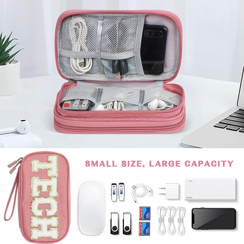 Electronic Accessories Organizer Bag Cable Cord Charger Carrying Pouch with Preppy Chenille Letter Patch TECH, Business Travel Gadget Small Storage Case Essential for Women Teen Girl (Pink) Pink
