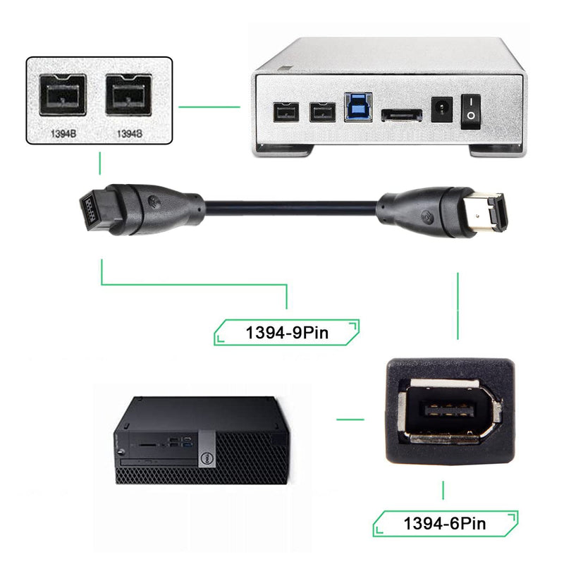CY IEEE 1394 Firewire 800 9-pin to 6-pin Cable FireWire 800 to 400 9p to 6p Capture Cord 1.8m Black 9Pin Male-6Pin Male