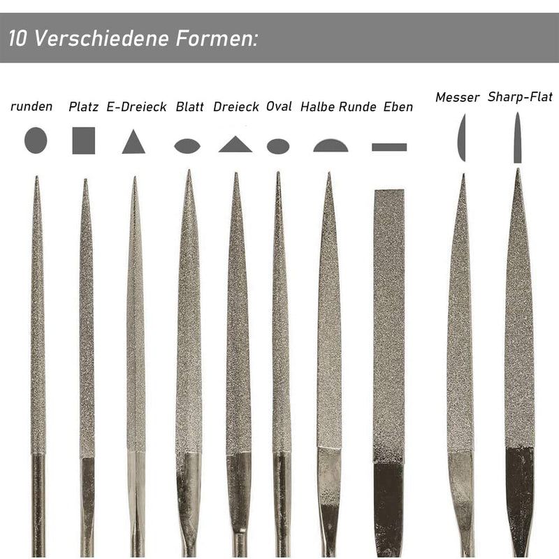 Mesee Mini Diamond Files set, 10 pieces titanium-coated diamond needle file set, diamond-coated tool files with precision coating for modeling and deburring jade metals - 3x140mm